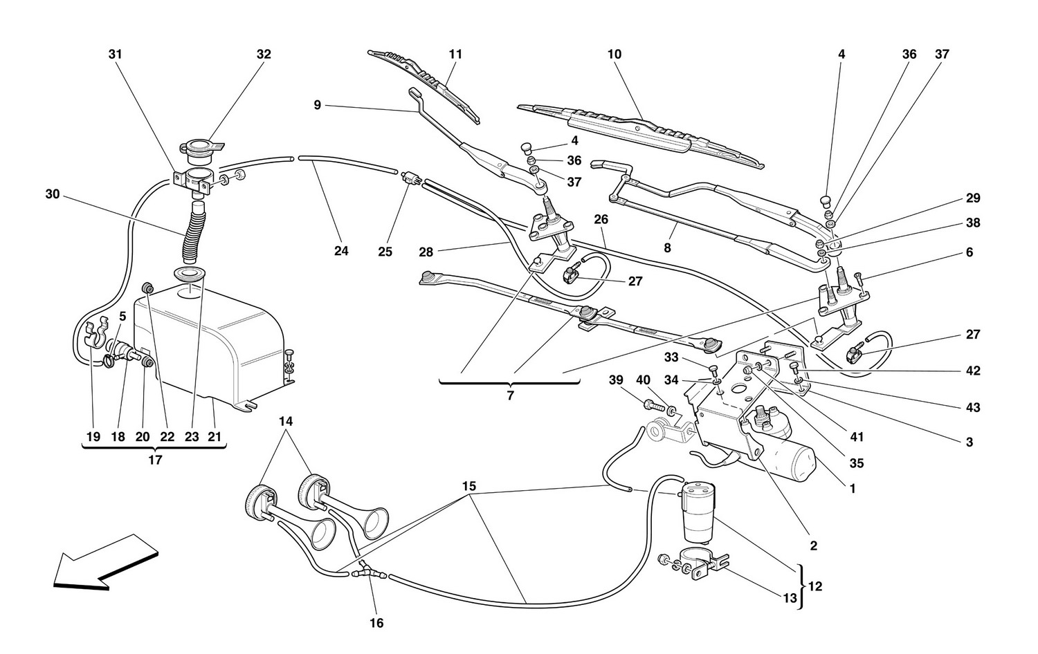 Schematic: Windshield Wiper, Washer And Horns